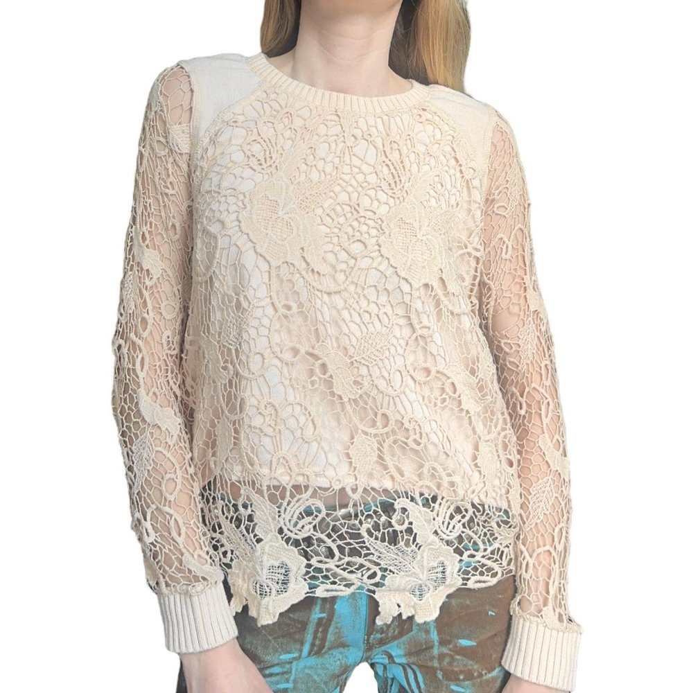 Free people cream white lace boho long sleeve sweater with open back